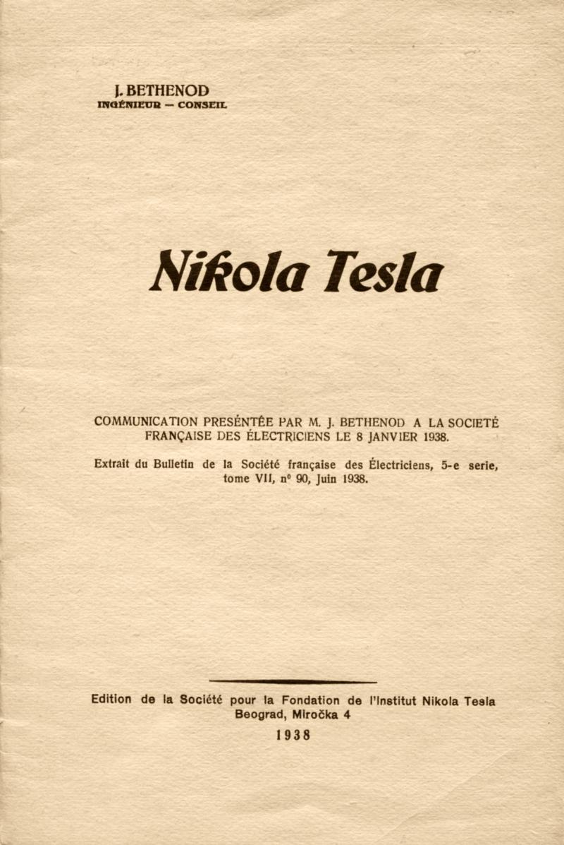 Nikola Tesla – Lecture by J. Bethenod before The French Society of Electricians (January 8, 1938) - Front cover