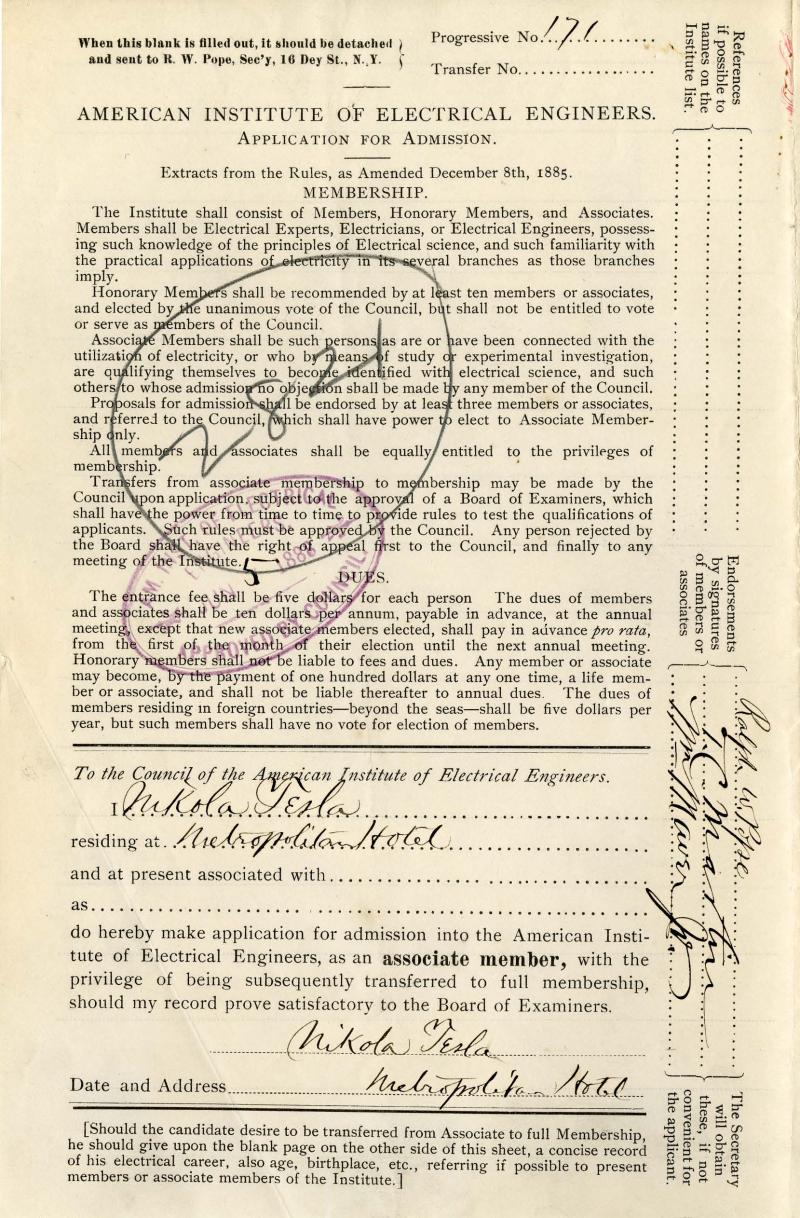 Nikola Tesla AIEE Application for Admission