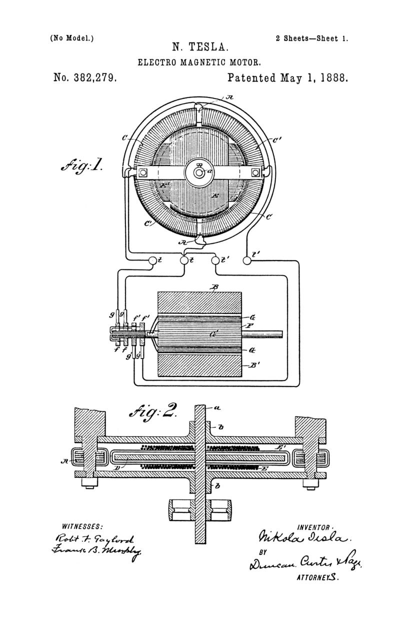 Nikola Tesla U.S. Patent 382,279 - Electro-Magnetic Motor - Image 1