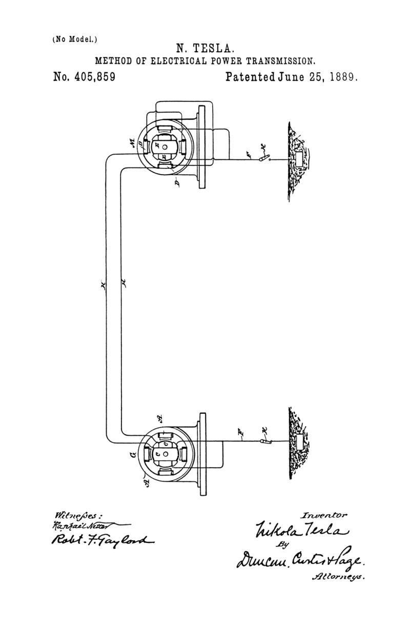Nikola Tesla U.S. Patent 405,859 - Method of Electrical Power Transmission - Image 1
