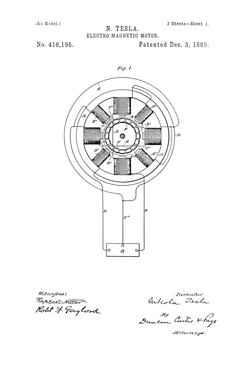 Nikola Tesla U.S. Patent 416,195 - Electro-Magnetic Motor - Image 1