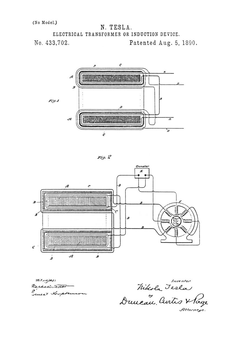 Nikola Tesla U.S. Patent 433,702 - Electrical Transformer or Induction Device - Image 1
