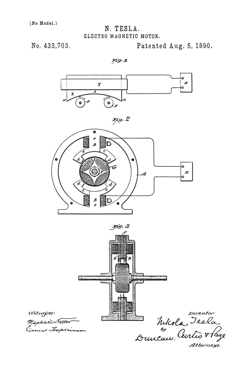 Nikola Tesla U.S. Patent 433,703 - Electro-Magnetic Motor - Image 1