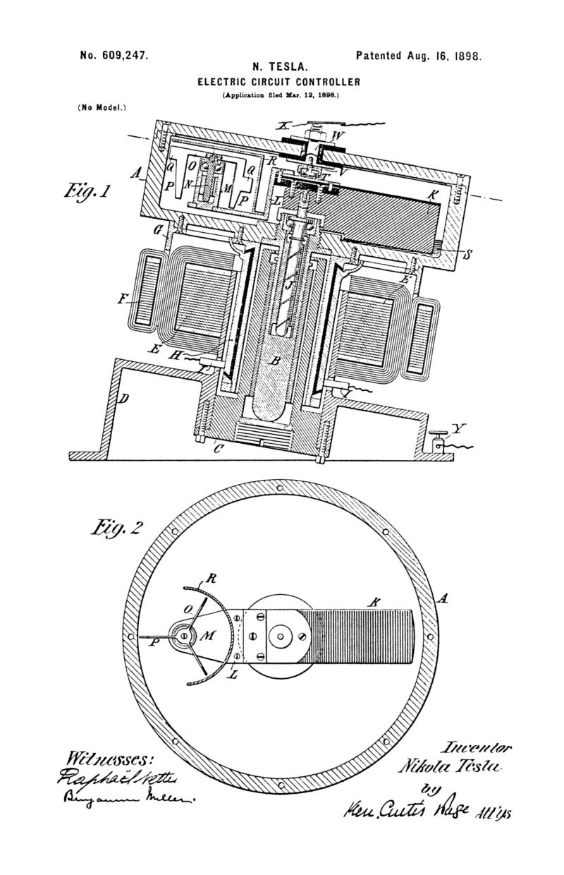 Nikola Tesla U.S. Patent 609,247 - Electric Circuit Controller - Image 1