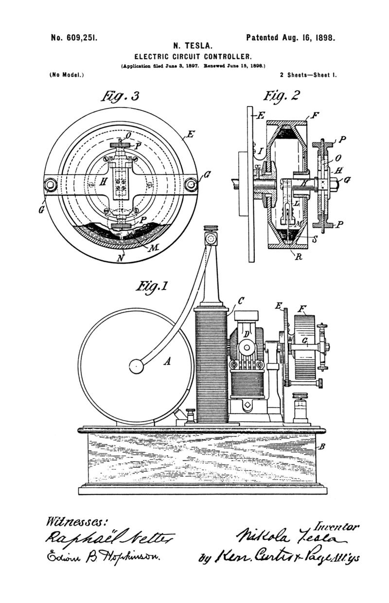 Nikola Tesla U.S. Patent 609,251 - Electric Circuit Controller - Image 1