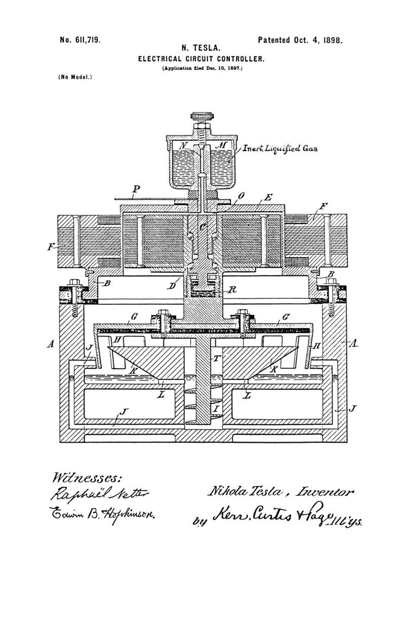 Nikola Tesla U.S. Patent 611,719 - Electrical Circuit Controller - Image 1