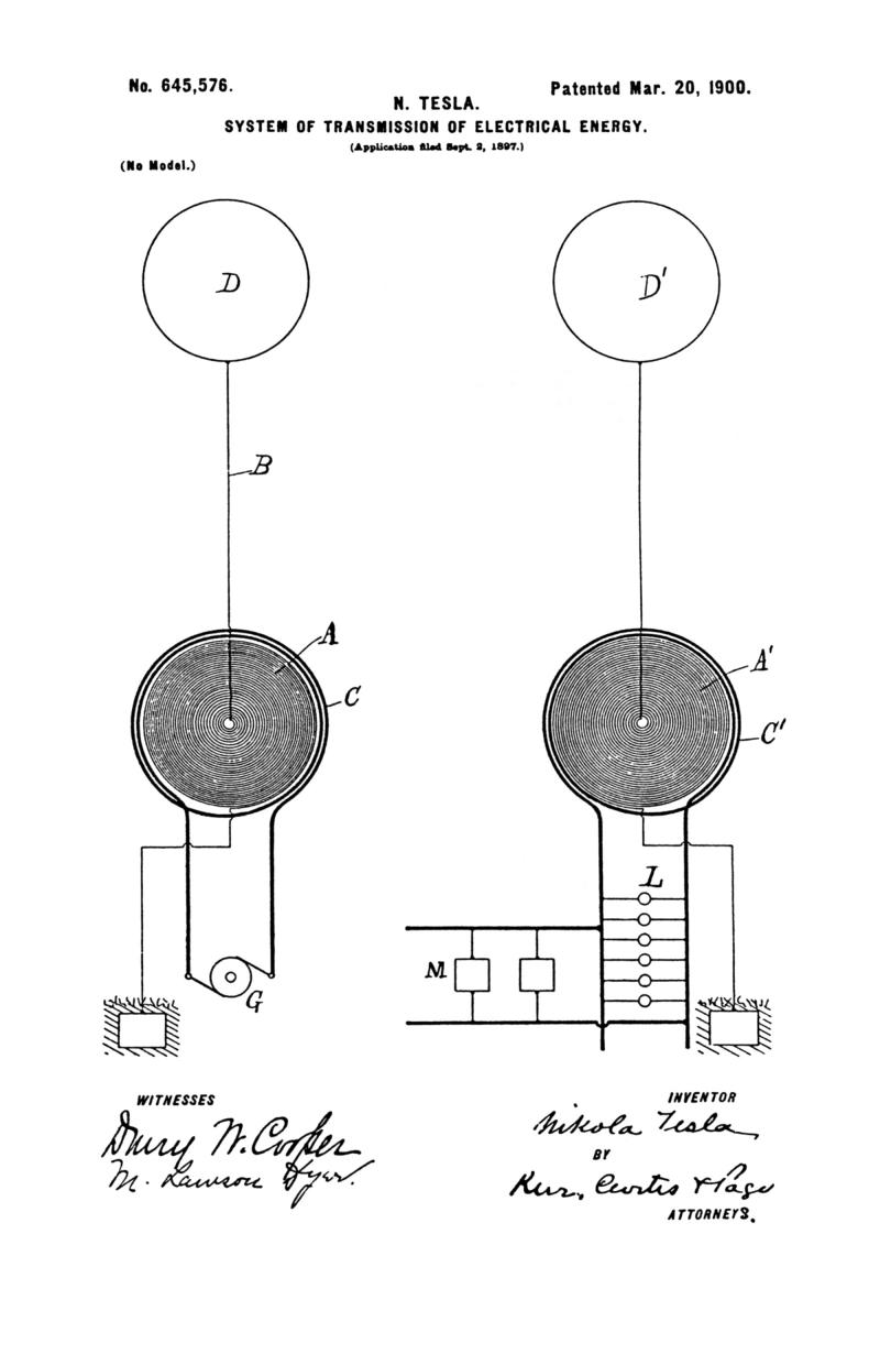 Nikola Tesla U.S. Patent 645,576 - System of Transmission of Electrical Energy - Image 1