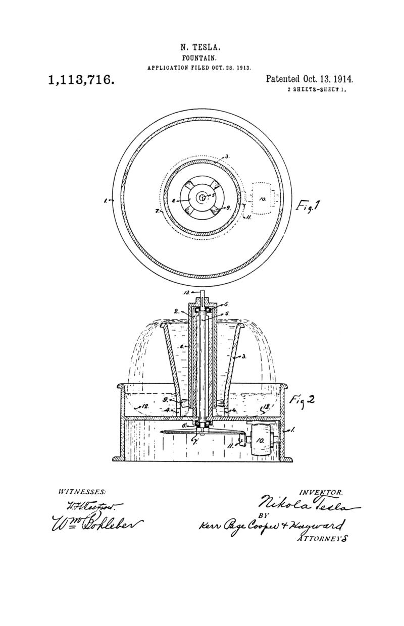 Nikola Tesla U.S. Patent 1,113,716 - Fountain - Image 1