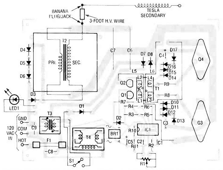 Solid state Tesla coil schematic and PCB board layout diagram.