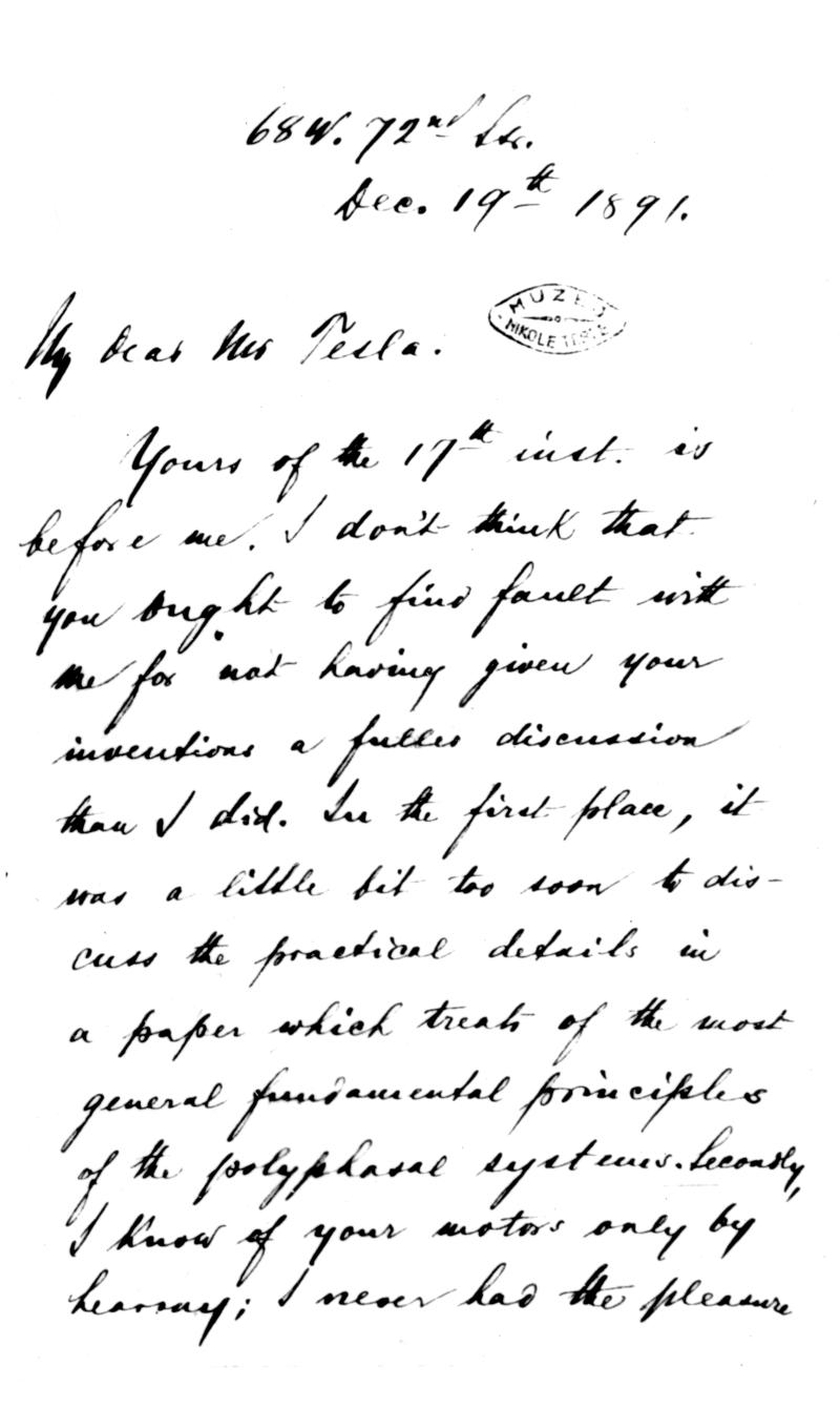 December 19th, 1891 letter from Prof. Michael Pupin to Nikola Tesla - Page 1