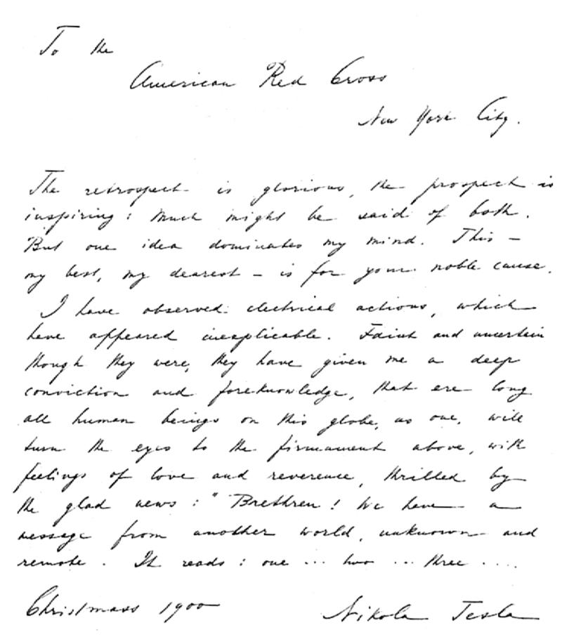 Christmas 1900 Letter from Tesla to American Red Cross