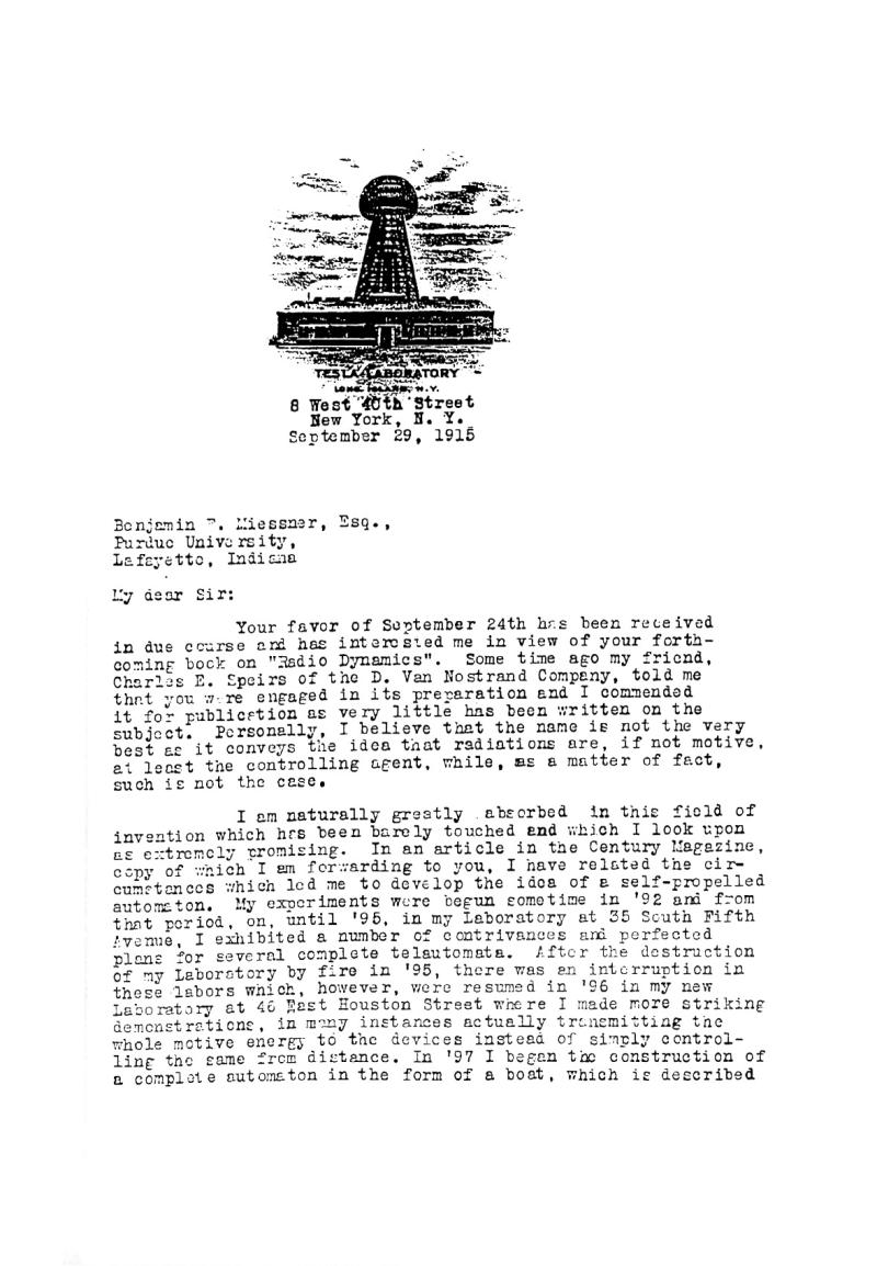 September 29th, 1915 letter from Nikola Tesla to Benjamin F. Miessner - Page 1