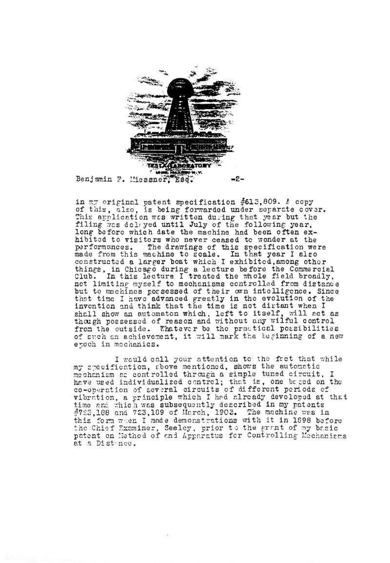 September 29th, 1915 letter from Nikola Tesla to Benjamin F. Miessner - Page 2