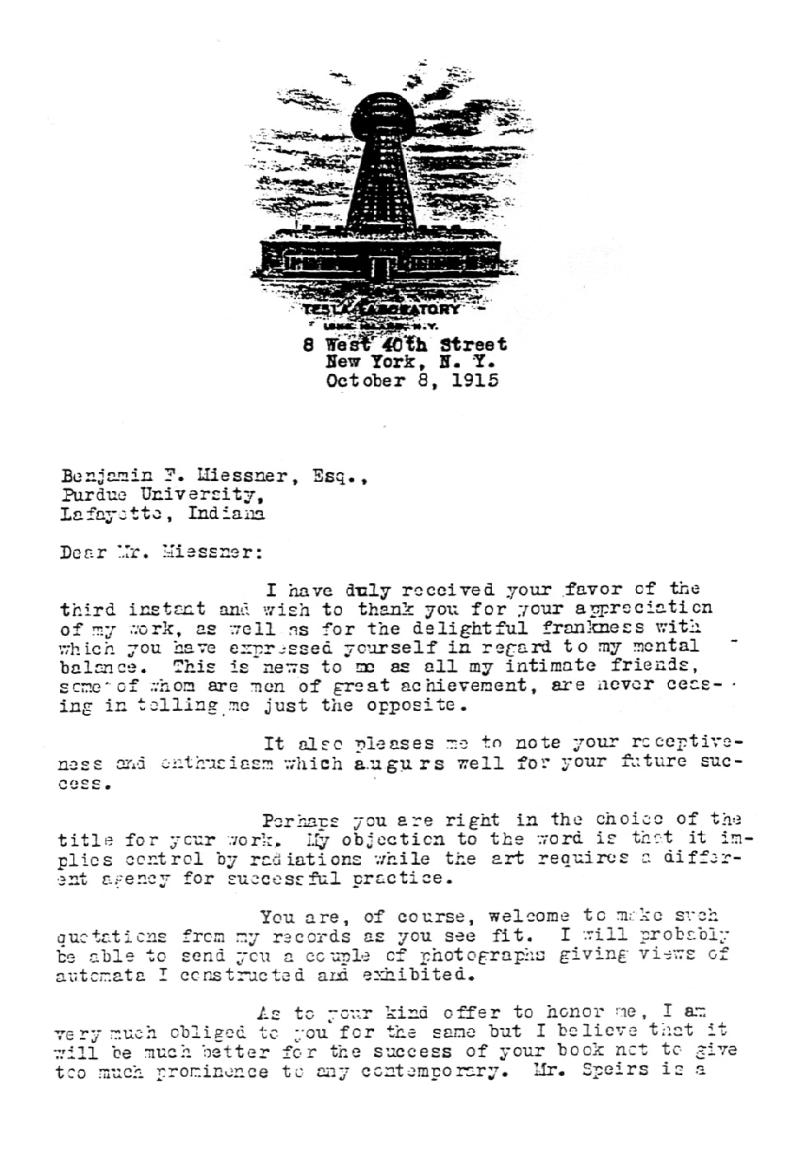 October 8th, 1915 letter from Nikola Tesla to Benjamin F. Miessner - Page 1