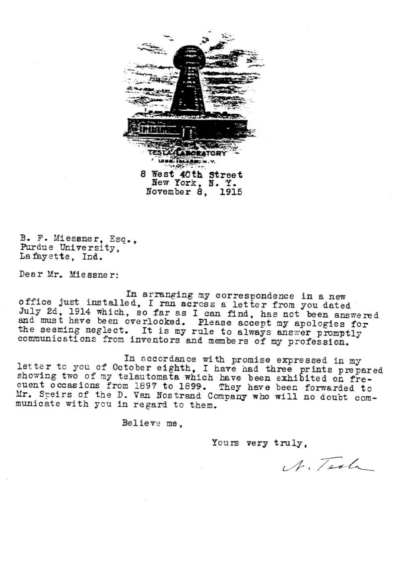 November 8th, 1915 letter from Nikola Tesla to Benjamin F. Miessner - Page 1