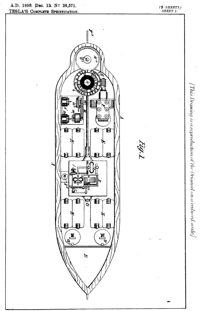Nikola Tesla British Patent 26,371 - Improvements in the Method of and Apparatus for Controlling the Mechanism of Floating Vessels or Moving Vehicles - Image 1