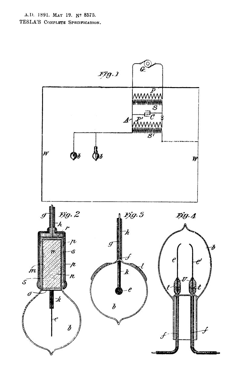 Nikola Tesla British Patent 8575 - Improved Methods of and Apparatus for Generating and Utilizing Electric Energy for Lighting Purposes - Image 1