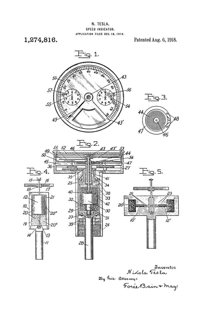 Nikola Tesla U.S. Patent 1,274,816 - Speed Indicator - Image 1