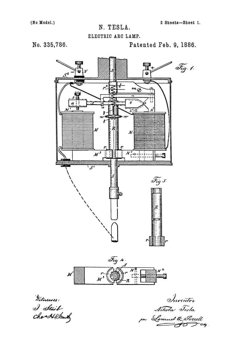 Nikola Tesla U.S. Patent 335,786 - Electric-Arc Lamp - Image 1