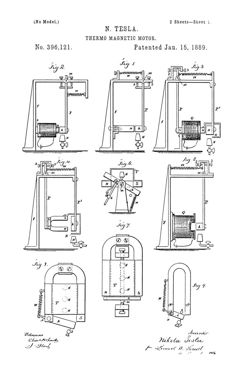 Nikola Tesla U.S. Patent 396,121 - Thermo-Magnetic Motor - Image 1