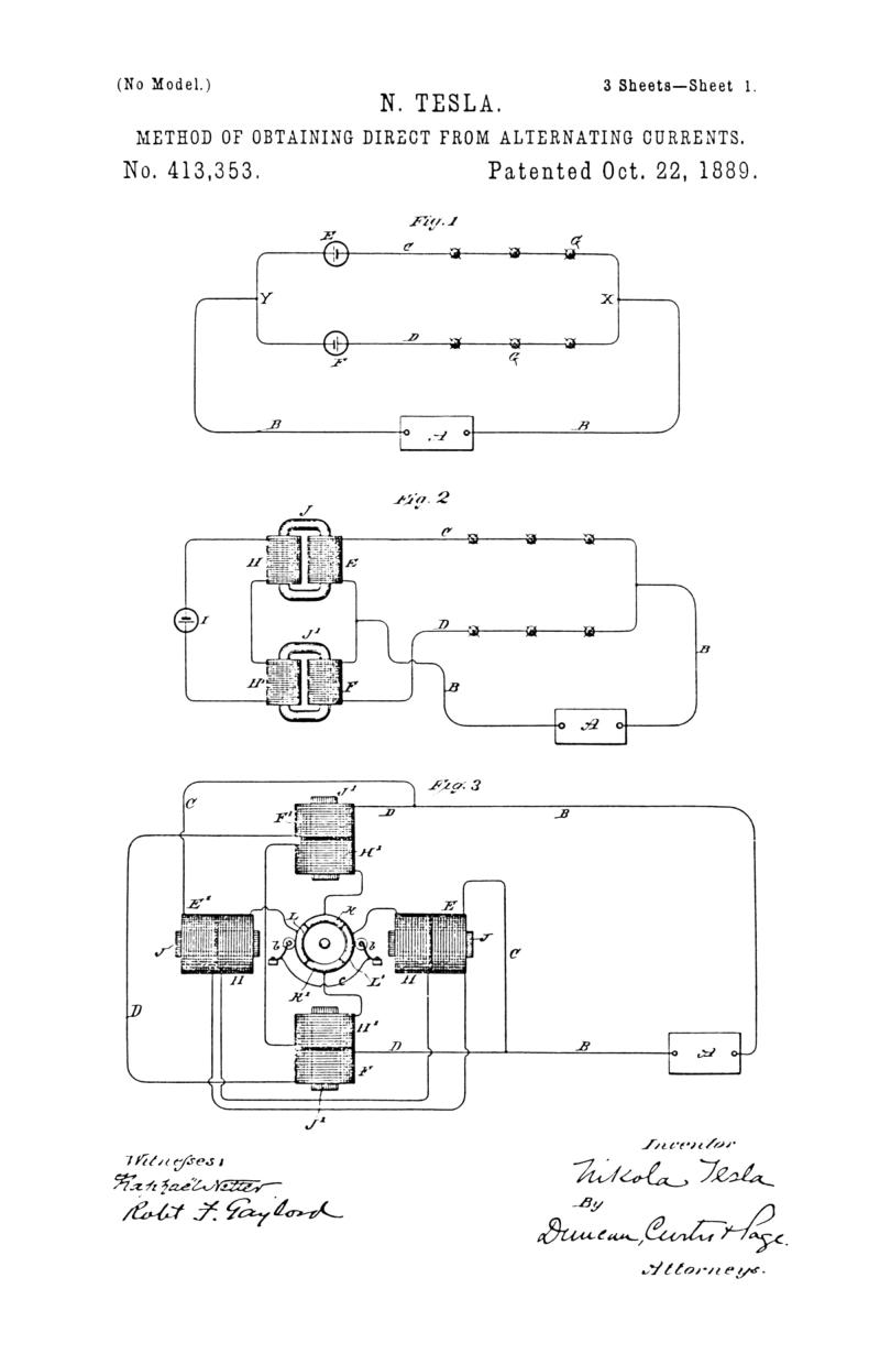 Nikola Tesla U.S. Patent 413,353 - Method of Obtaining Direct from Alternating Currents - Image 1