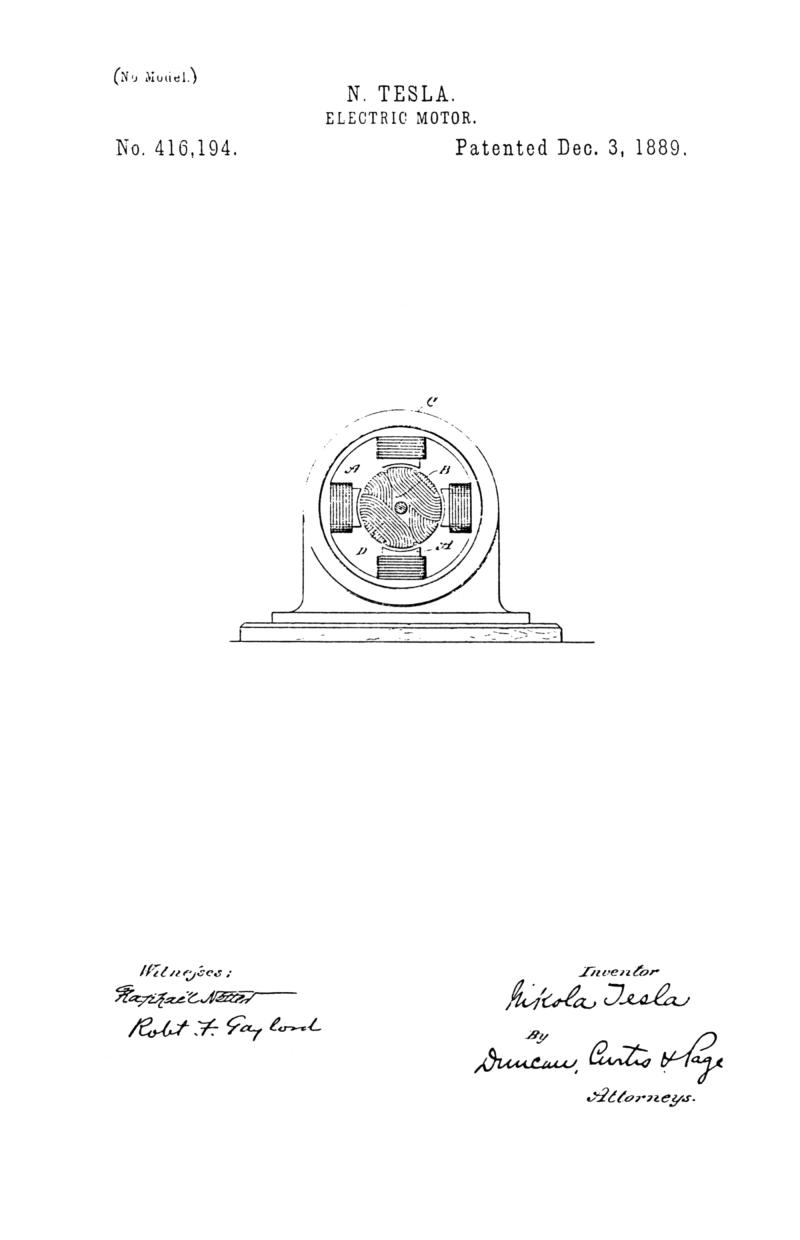 Nikola Tesla U.S. Patent 416,194 - Electric Motor - Image 1