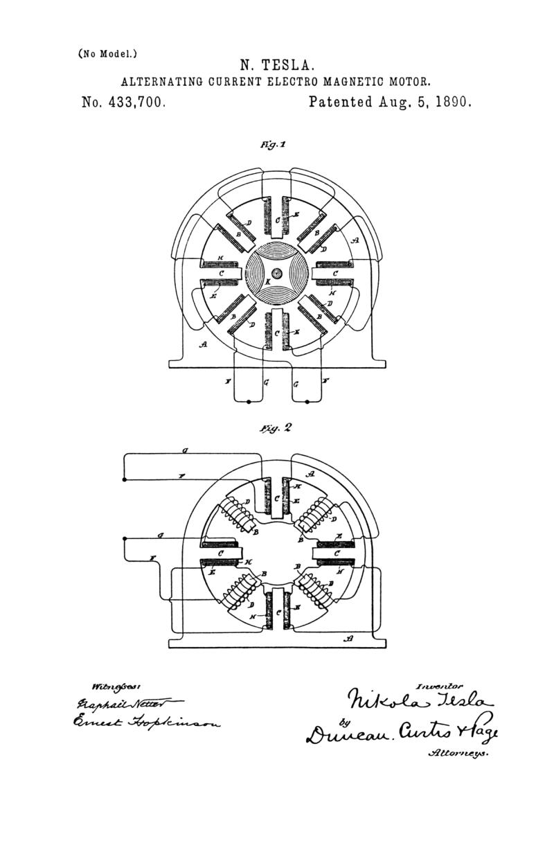 Nikola Tesla U.S. Patent 433,700 - Alternating-Current Electro-Magnetic Motor - Image 1