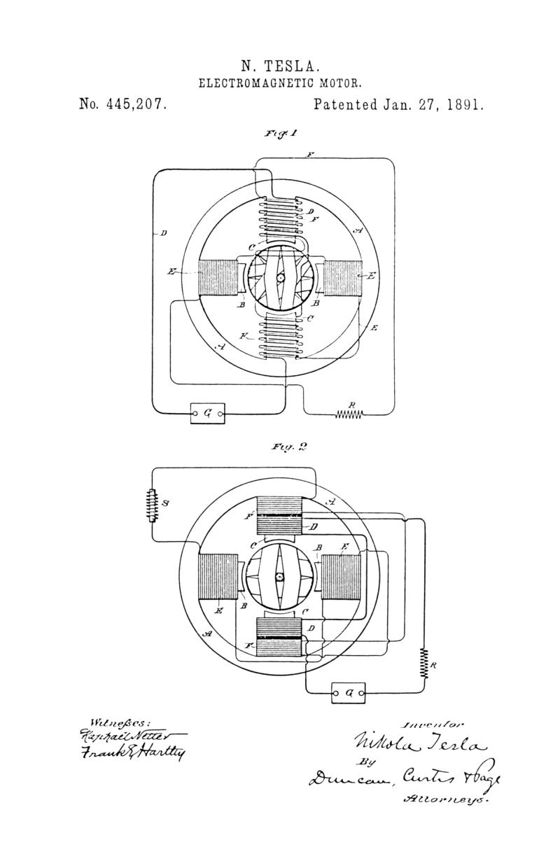 Nikola Tesla U.S. Patent 445,207 - Electro-Magnetic Motor - Image 1