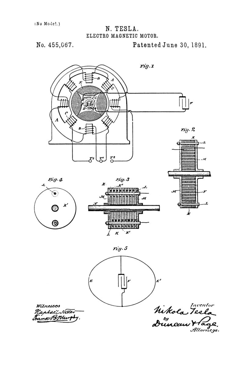 Nikola Tesla U.S. Patent 455,067 - Electro-Magnetic Motor - Image 1