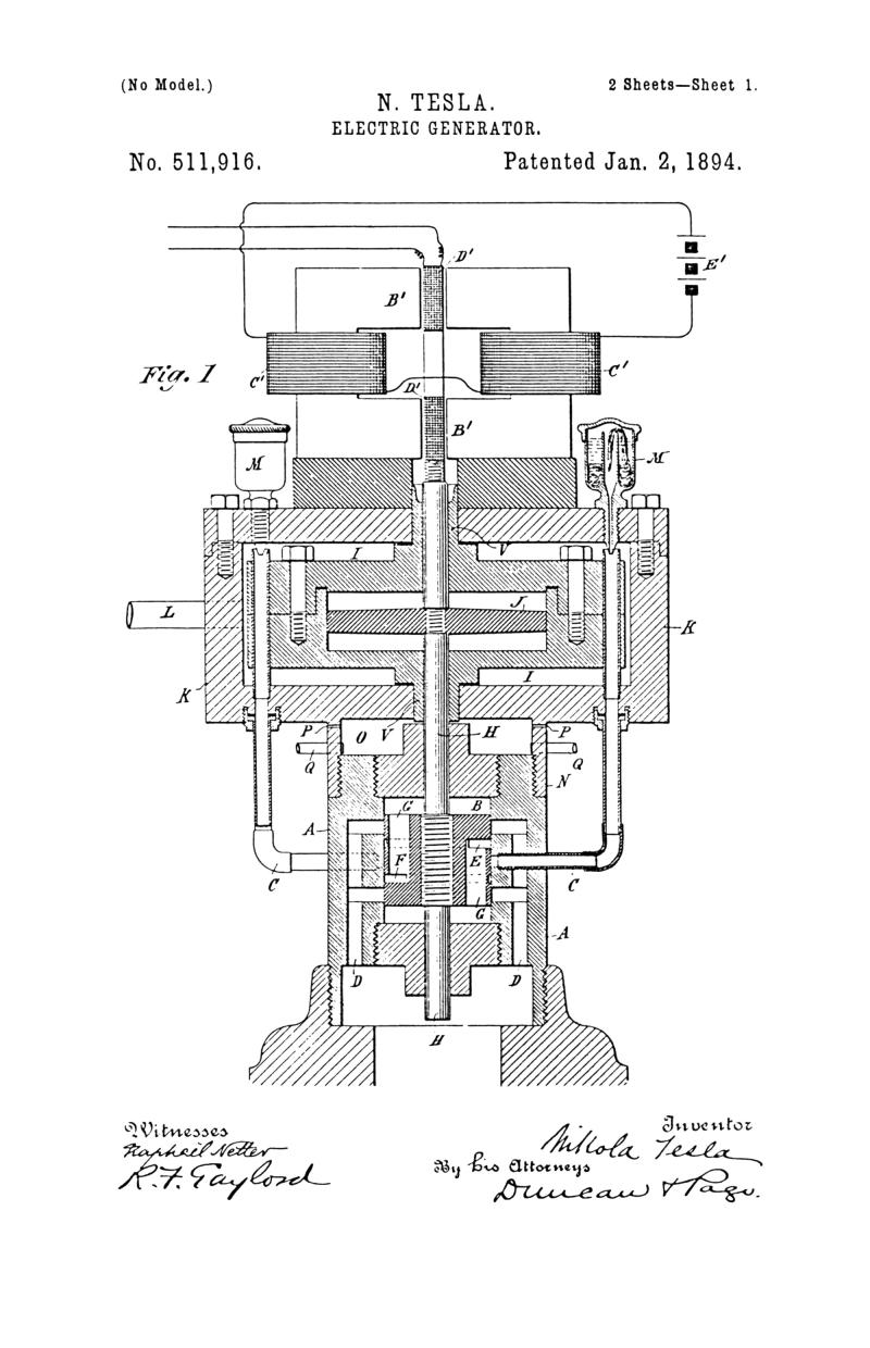 Nikola Tesla U.S. Patent 511,916 - Electric Generator - Image 1