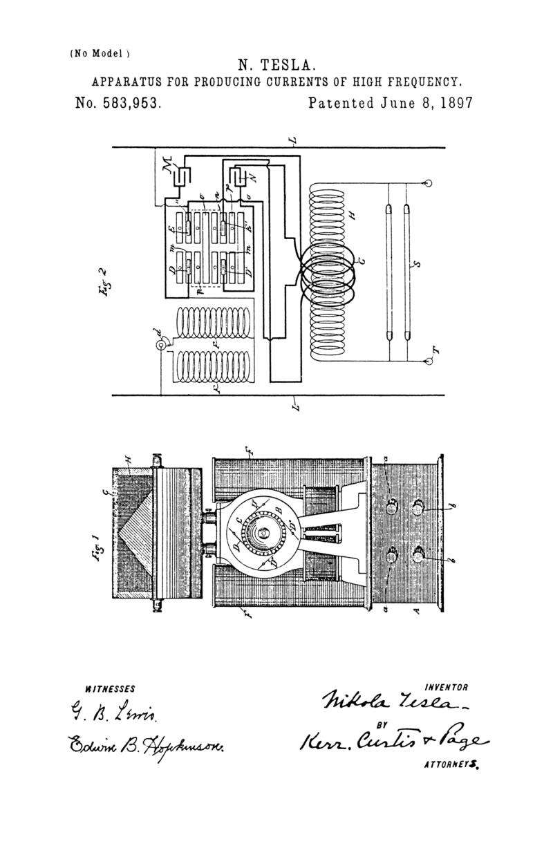 Nikola Tesla U.S. Patent 583,953 - Apparatus for Producing Currents of High Frequency - Image 1