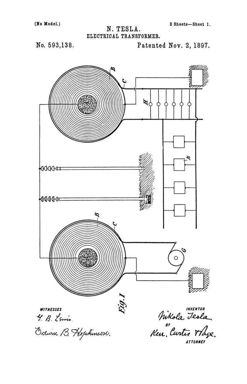 Nikola Tesla U.S. Patent 593,138 - Electrical Transformer - Image 1