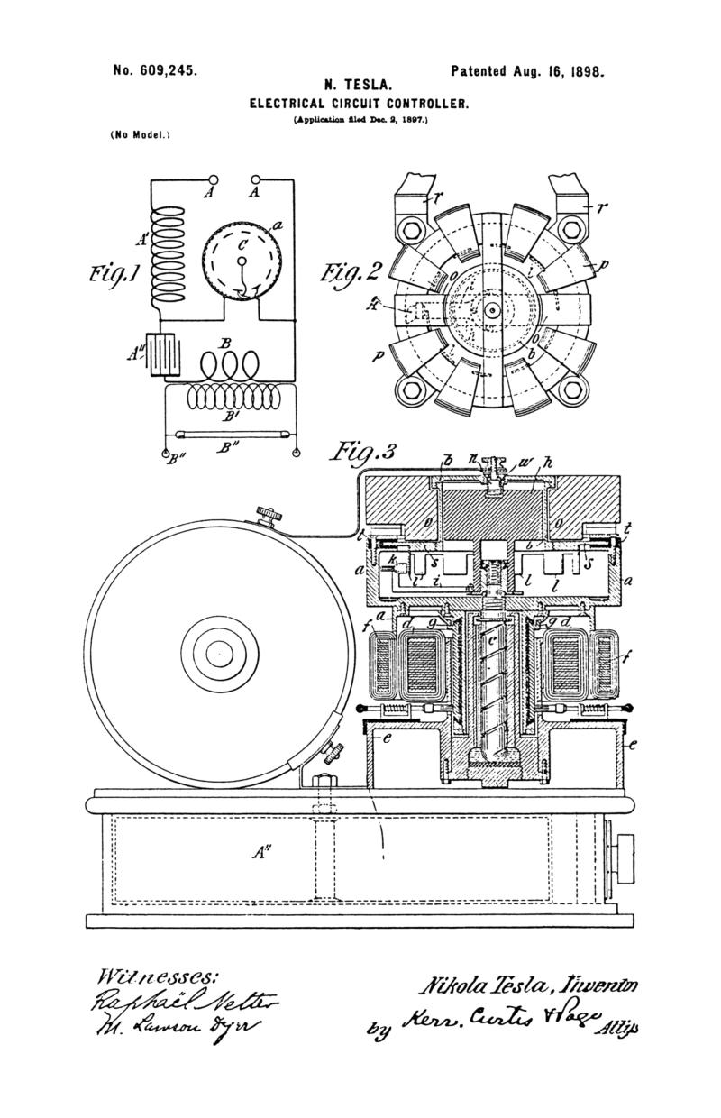 Nikola Tesla U.S. Patent 609,245 - Electrical Circuit Controller - Image 1