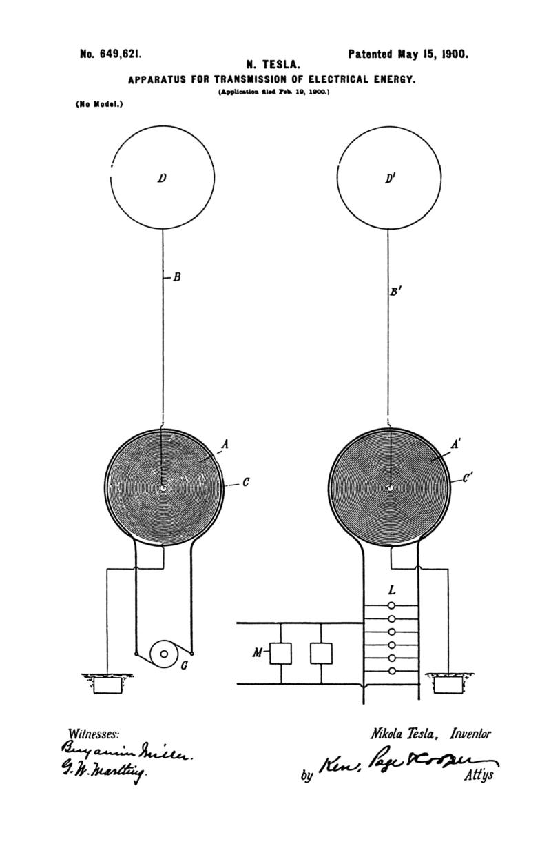 Nikola Tesla U.S. Patent 649,621 - Apparatus for Transmission of Electrical Energy - Image 1