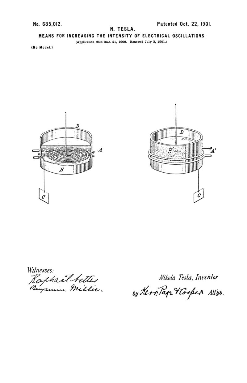 Nikola Tesla U.S. Patent 685,012 - Means for Increasing the Intensity of Electrical Oscillations - Image 1