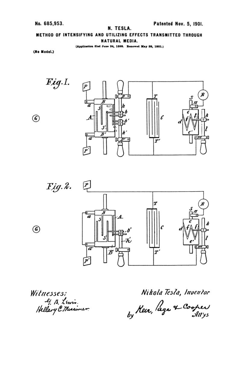 Nikola Tesla U.S. Patent 685,953 - Method of Intensifying and Utilizing Effects Transmitted Through Natural Media - Image 1