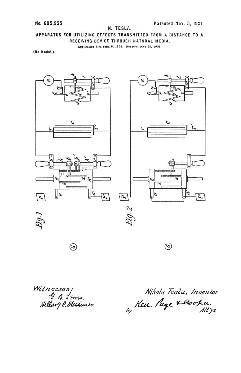 Nikola Tesla U.S. Patent 685,955 - Apparatus for Utilizing Effects Transmitted From A Distance To A Receiving Device Through Natural Media - Image 1