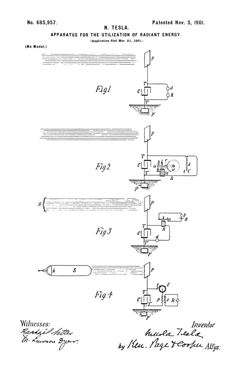 Nikola Tesla U.S. Patent 685,957 - Apparatus for the Utilization of Radiant Energy - Image 1