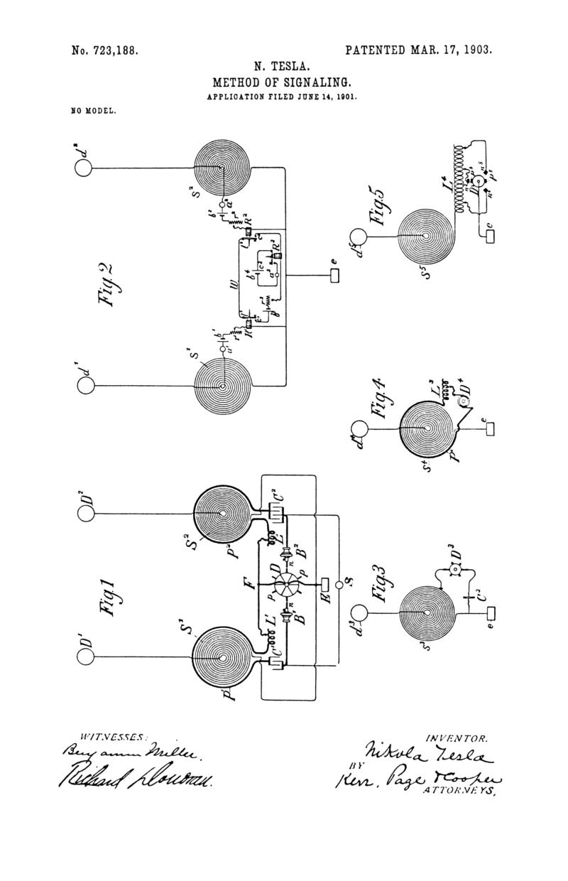 Nikola Tesla U.S. Patent 723,188 - Method of Signaling - Image 1