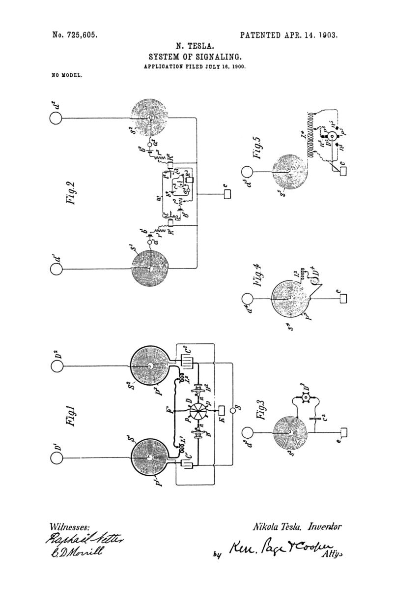 Nikola Tesla U.S. Patent 725,605 - System of Signaling - Image 1