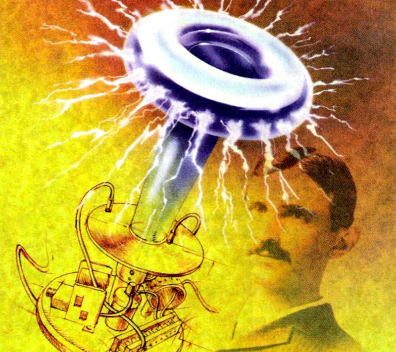 Solid-state Tesla coil illustration with Nikola Tesla.