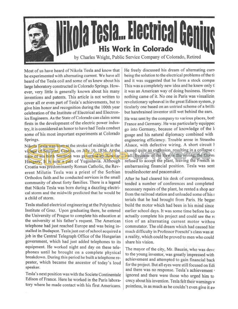 Preview of Nikola Tesla - Electrical Genius - His Work in Colorado article
