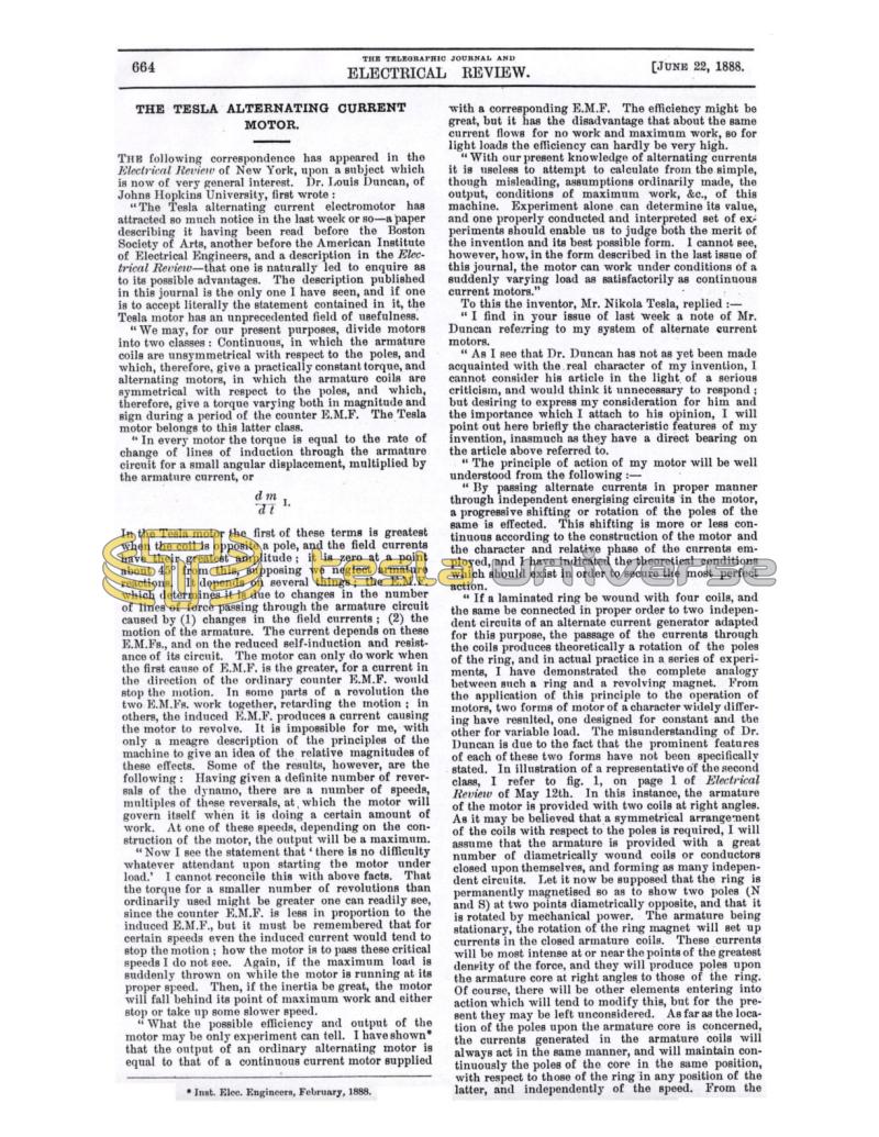 Preview of The Tesla Alternating Current Motor - Duncan's Remarks and Tesla's Reply article