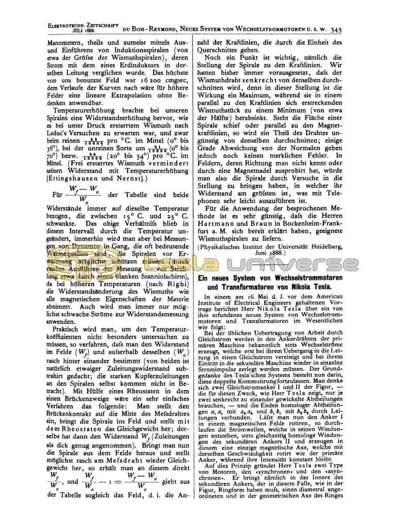 Preview of Ein neues System von Wechselstrommotoren und Transformatoren von Nikola Tesla article