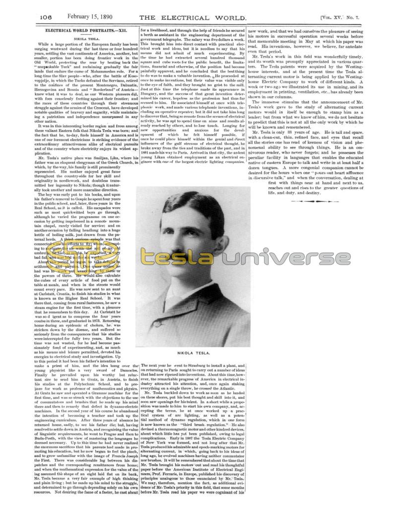Preview of Electrical World Portraits - Nikola Tesla article