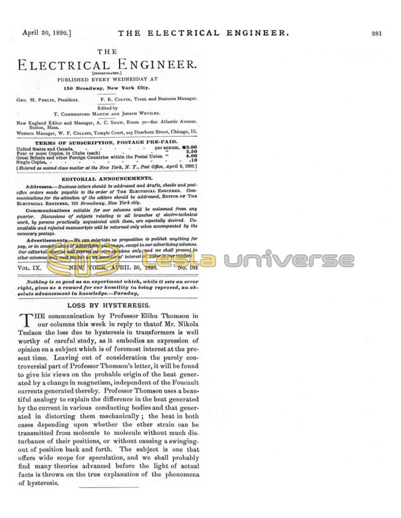 Preview of Loss by Hysteresis - A reply to Nikola Tesla by Elihu Thomson article