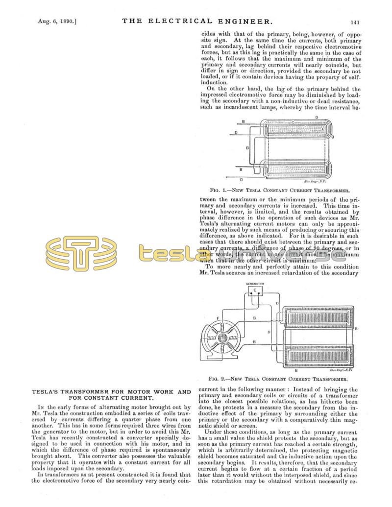 Preview of Tesla's Transformer for Motor Work and for Constant Current article