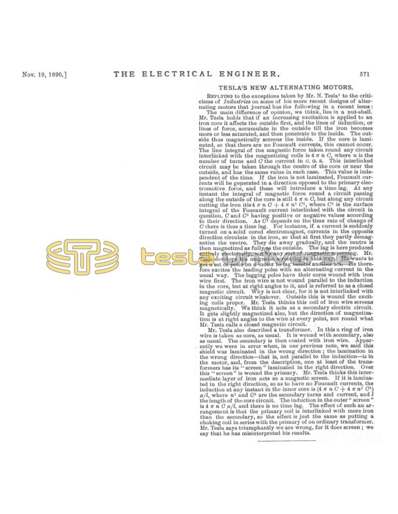 Preview of Tesla's New Alternating Motors - A Difference of Opinion (reprint) article