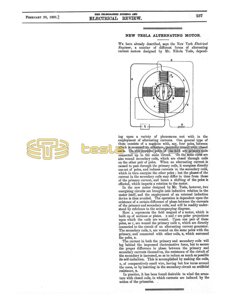 Preview of New Tesla Alternating Motor (reprint) article