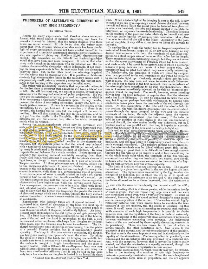 Preview of Phenomena of Alternating Currents of Very High Frequency (reprint) article